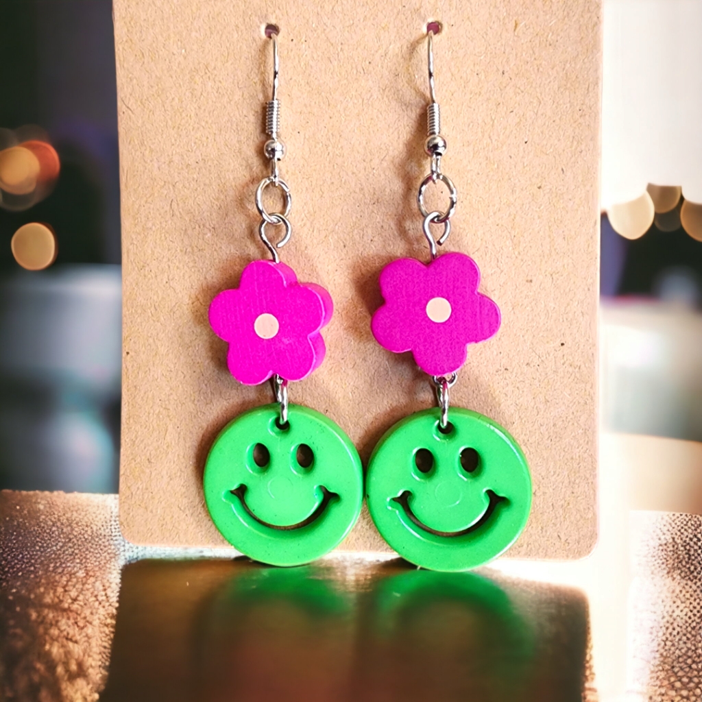 Happy Days Handcrafted Flower With Smiley Face Earrings